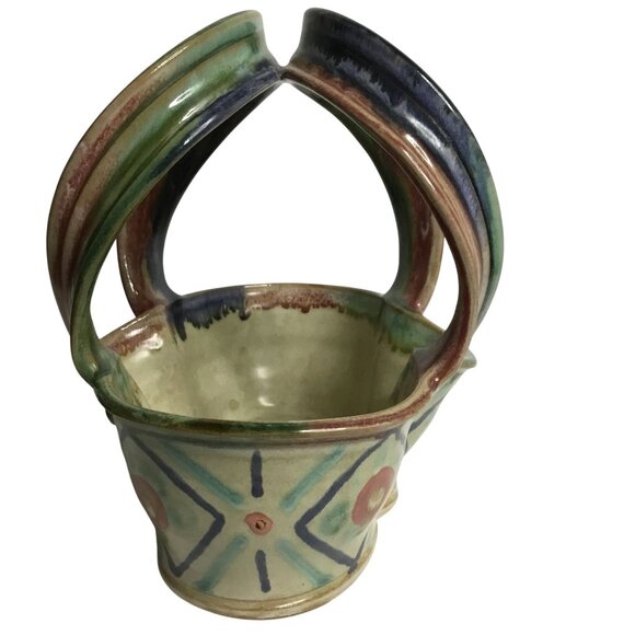 POR MUNTO Signed Studio Pottery Basket Multicolor 8 Handmade Boho Stoneware OOAK - Picture 3 of 9